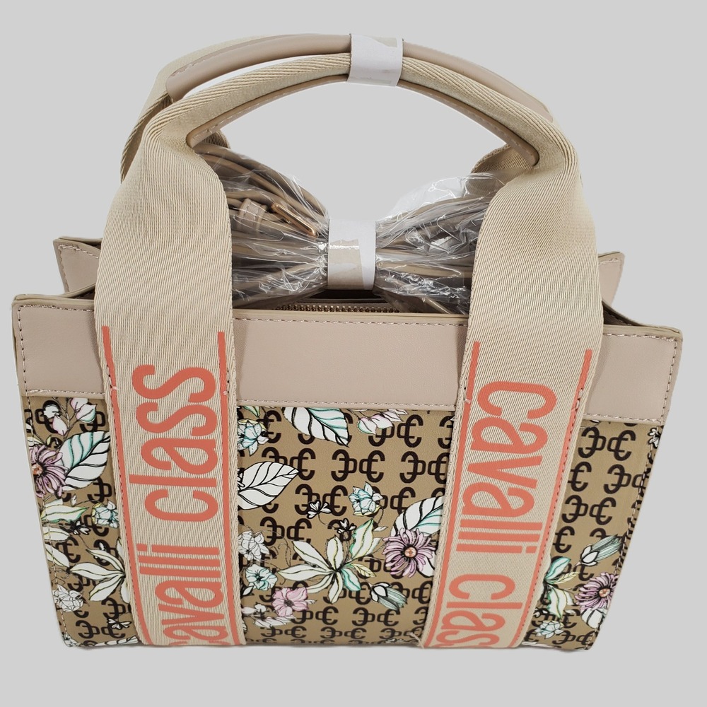 Cavalli Class Serafina‎ Top Handle Tote Floral Print Beige Leather Canvas Bag